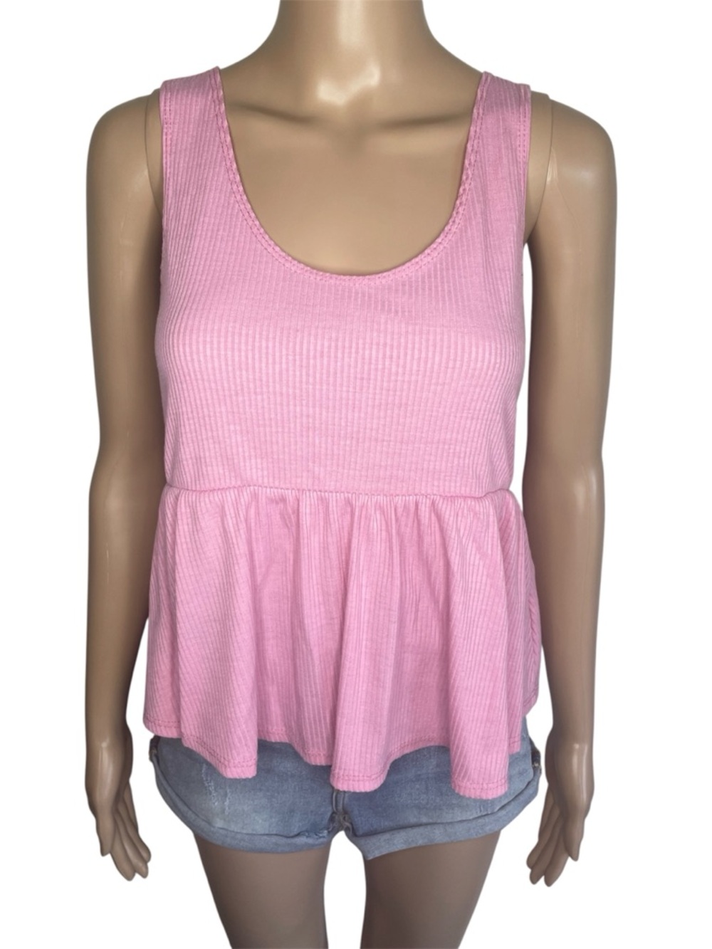 Olivia Rae Solid Light Pink Scoop Neck Ribbed Peplum Babydoll Tank Top